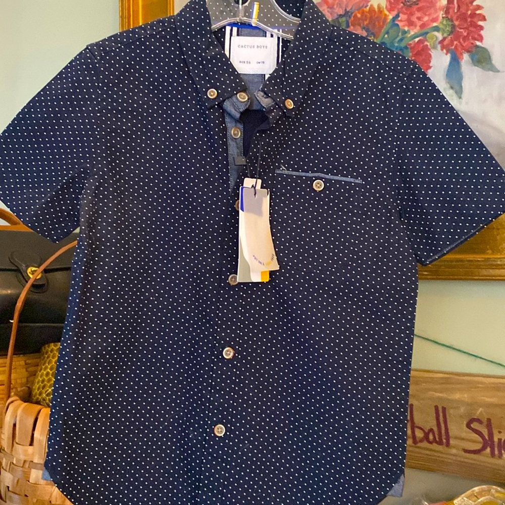 Cactus Boys Navy Blue Button Down Polka Dot Short Sleeve Shirt Size 5/6